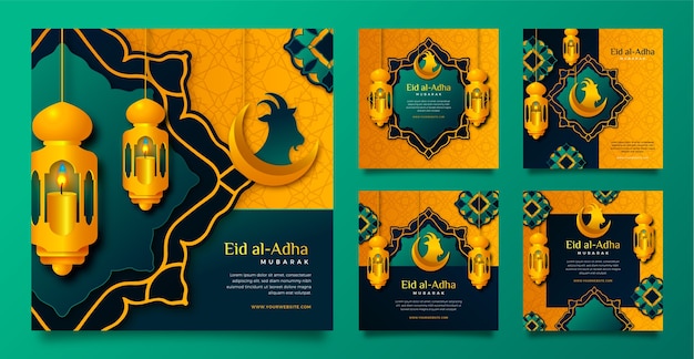 Бесплатное векторное изображение Реалистичная коллекция постов instagram eid al-adha с фонарями