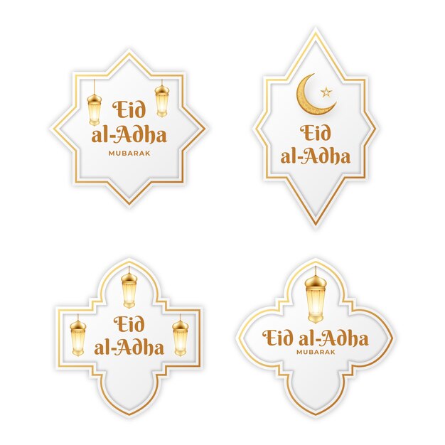 Free vector realistic eid al-adha labels collection with crescent moon and lanterns