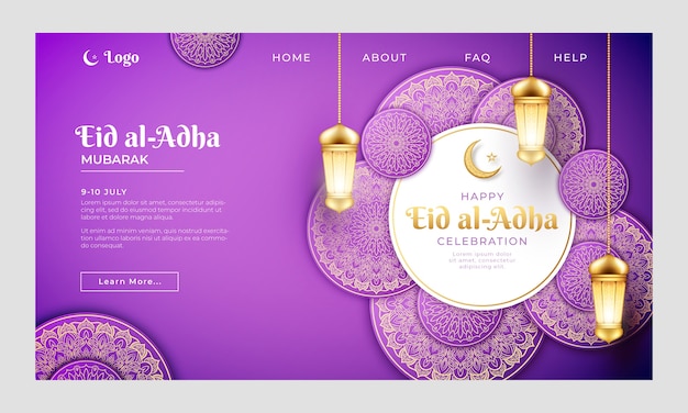 Free vector realistic eid al-adha landing page template with lanterns and crescent moon