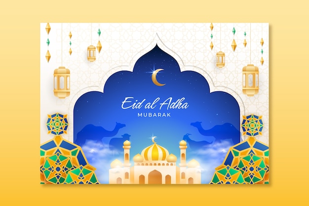 Realistic eid al-adha mubarak greeting card with crescent moon and palace