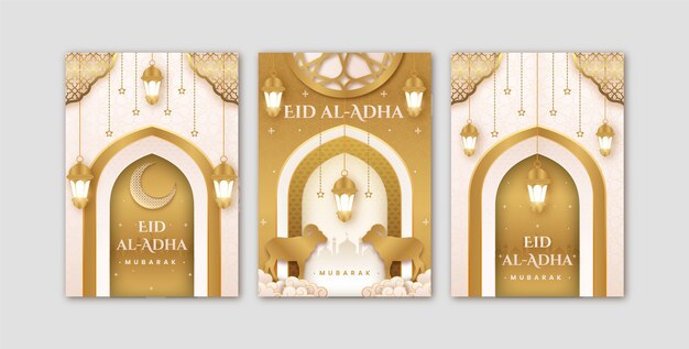 Realistic eid al-adha mubarak greeting cards collection with animals