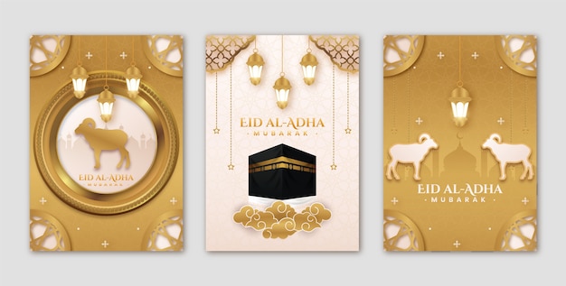 Free vector realistic eid al-adha mubarak greeting cards collection with animals