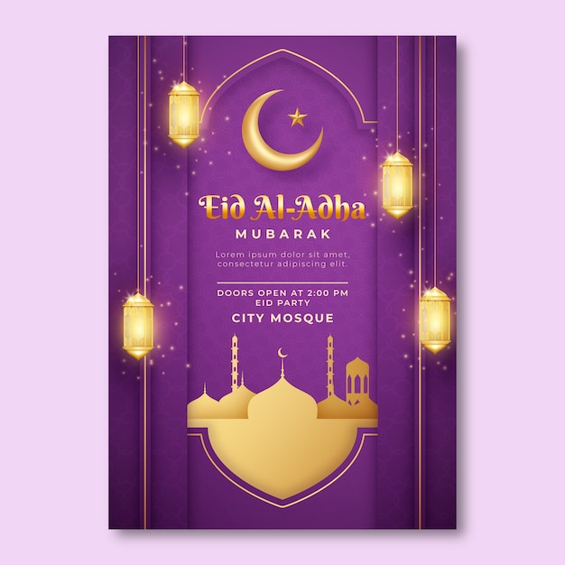 Realistic eid al-adha vertical poster template with crescent moon and lanterns