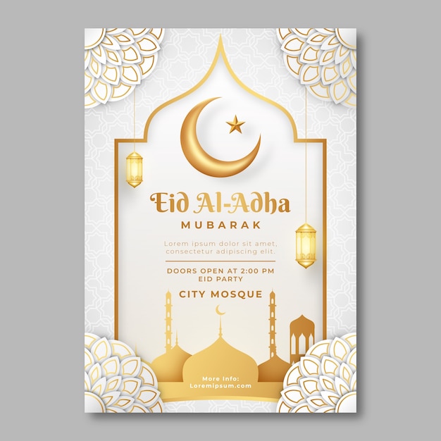 Free vector realistic eid al-adha vertical poster template with crescent moon and lanterns