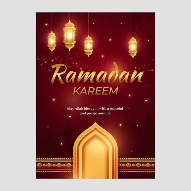 Realistic eid al-fitr greeting card template with lanterns