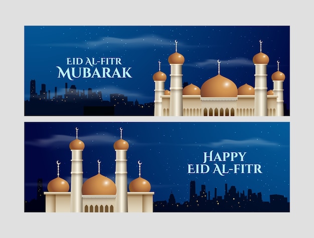 Free vector realistic eid al-fitr horizontal banners pack