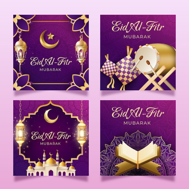 Free vector realistic eid al-fitr instagram posts collection