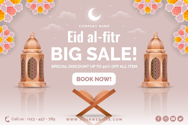 Realistic eid al-fitr sale horizontal banner template