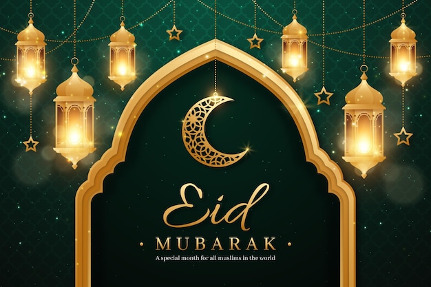 Free vector realistic eid mubarak background with candles and moon