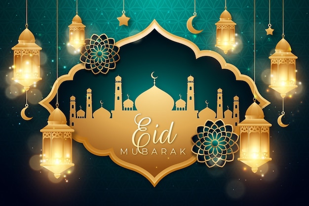 Realistic eid mubarak background with candles and mosque