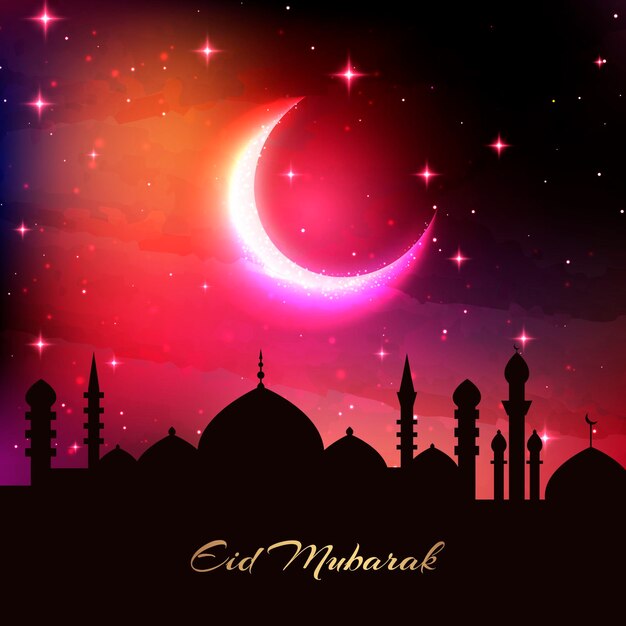 Realistic eid mubarak silhouette of mosque and moon
