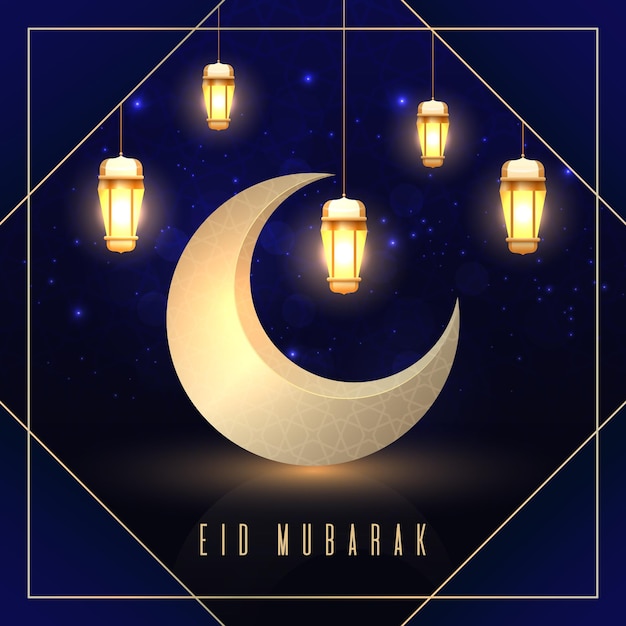 Vettore gratuito realistico eid mubarak con luna e lanterne