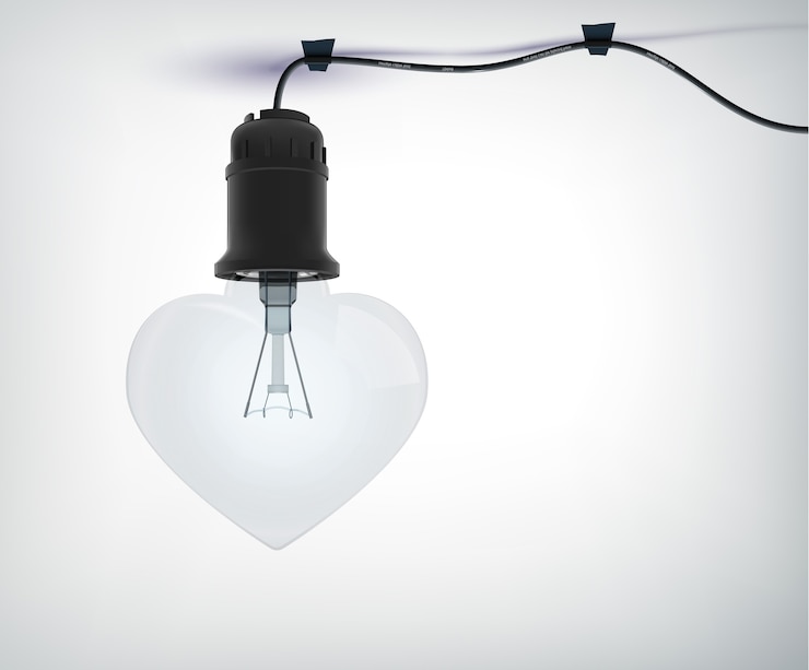 मुफ़्त वेक्टर realistic electric bulb amourous concept in shape of heart with power cord on gray  isolated