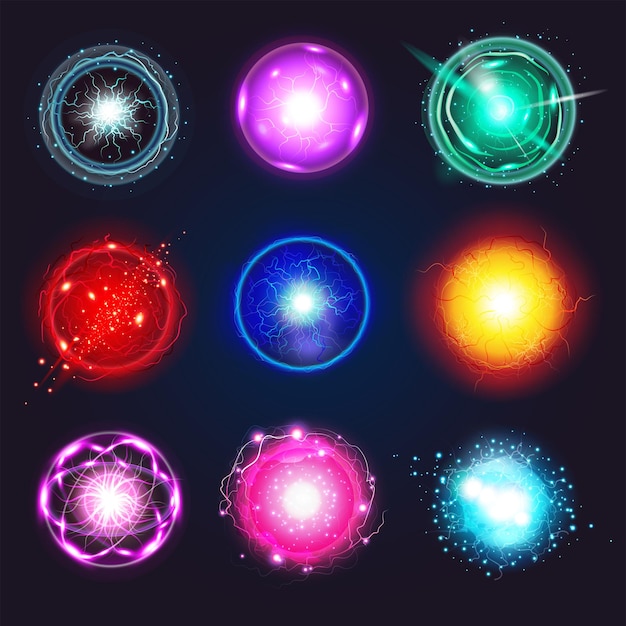 Бесплатное векторное изображение Реалистичная плазменная сфера электрической энергии набор изолированных круглых иконок с красочными болтами, сверкающими и вращающимися векторными иллюстрациями