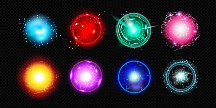 Free Vector realistic electric plasma sphere transparent set with isolated colorful circles of energy visualization on black background vector illustration