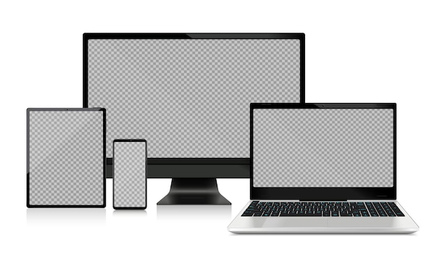 Free vector realistic electronic devices mockup with transparent background on monitors and screens of computer laptop tablet and smartphone vector illustration