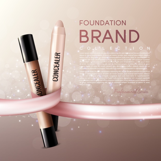 Realistic elegant female cosmetic ads template with text and concealer sticks on