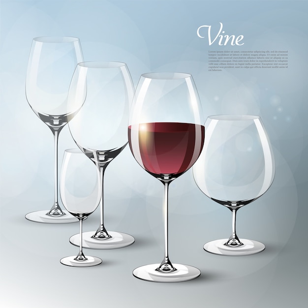 Realistic elegant wine template with empty and full glasses of different sizes on grey