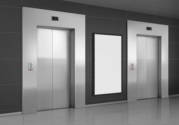 Realistic elevators with close door and ad poster