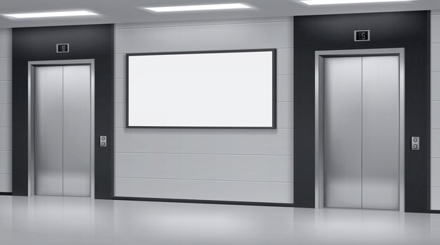 Realistic elevators with close doors and ad poster screen on wall. Office or modern hotel hallway, empty lobby interior with lifts and blank display, 3d vector illustration