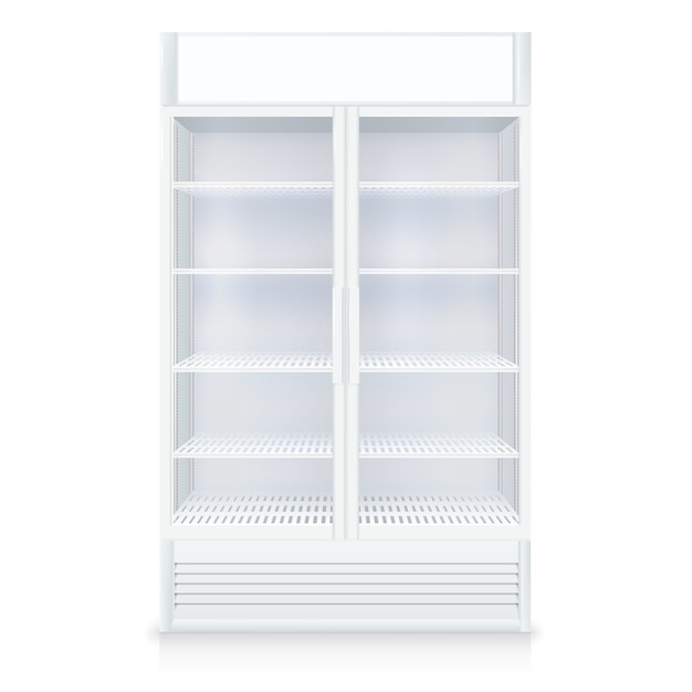 Realistic empty freezer with transparent door and shelves in white colors