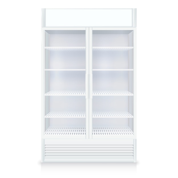 透明なドアと棚の白い色で現実的な空の冷凍庫