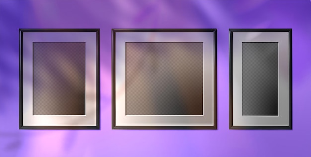 Free vector realistic empty photo frames for pictures on wall with tropical palm leaves shadow overlay