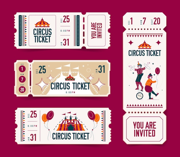 Free vector realistic empty ticket circus set of isolated coupons with editable text and images of big top