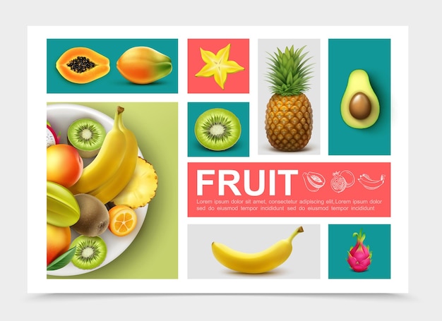 Free vector realistic exotic fruits set with pineapple kiwi avocado banana papaya kumquat mango carambola dragonfruit isolated