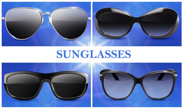 Realistic fashionable sunglasses composition with modern eyeglasses with plastic and metal rims isolated 