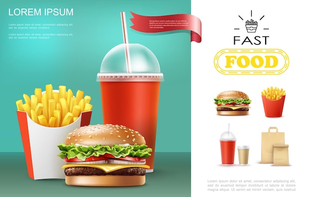 Реалистичный шаблон быстрого питания с газировкой и кофейными чашками, картофель фри, чизбургер, бумажный пакет, иллюстрация