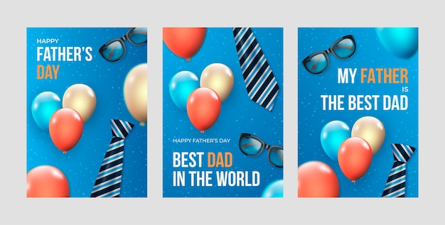 Free vector realistic father's day greeting cards collection with balloons and ties