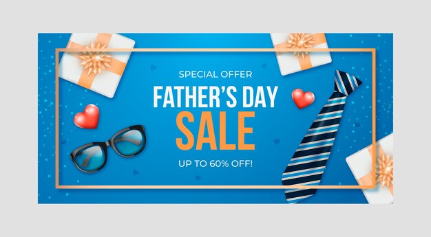 Realistic father's day horizontal banner template with presents and tie