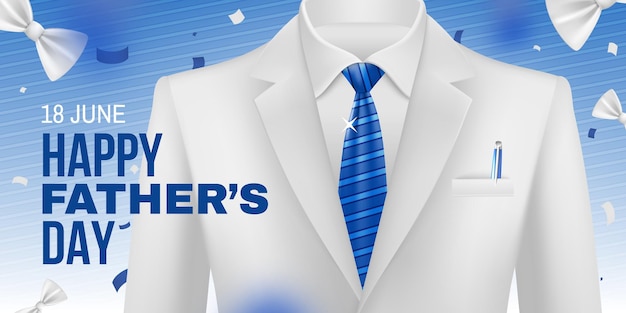 Free vector realistic fathers day horizontal poster with elegant white male jacket and necktie on blue gradient background with bow ties vector illustration