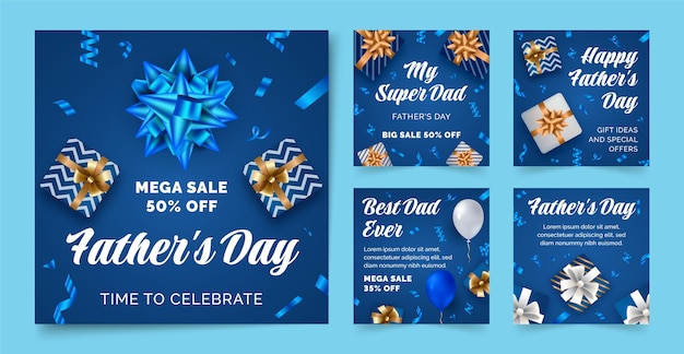 Free vector realistic fathers day instagram posts collection