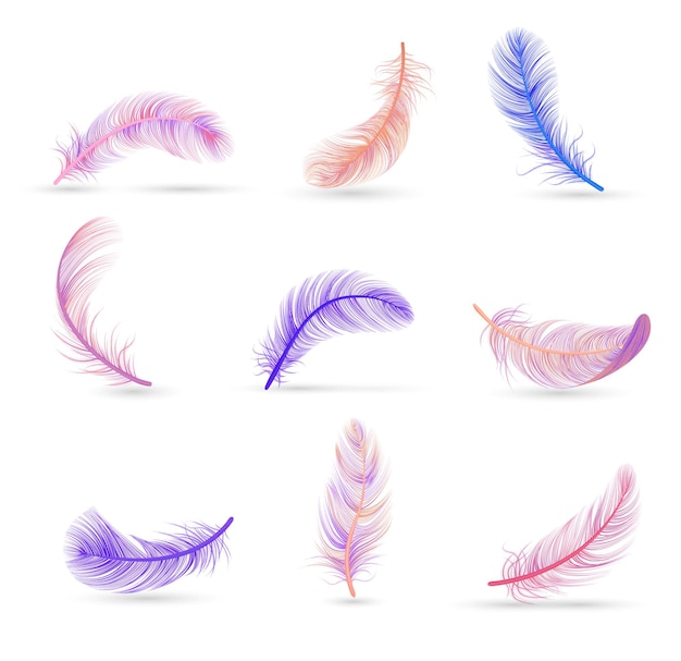 Реалистичный набор перьев с мягкими фиолетовыми и розовыми перьями