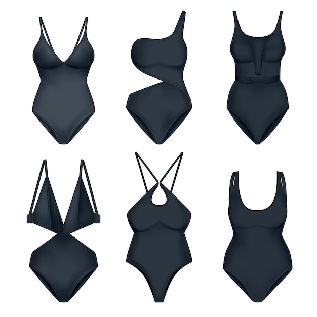 Realistic female swimsuit set with isolated feminine underwear items made of black textile on blank background vector illustration