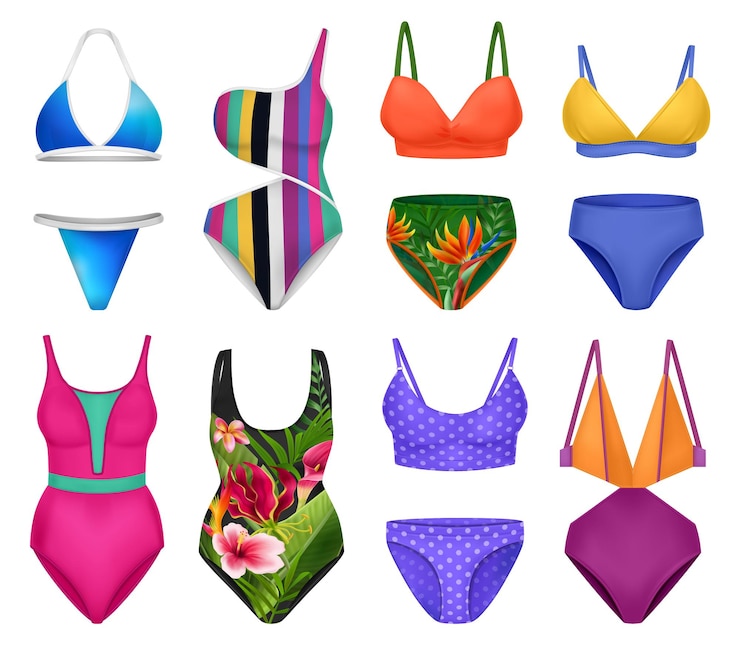 Free Vector realistic female swimsuit set with isolated icons of colorful pants and bras with various artwork images vector illustration