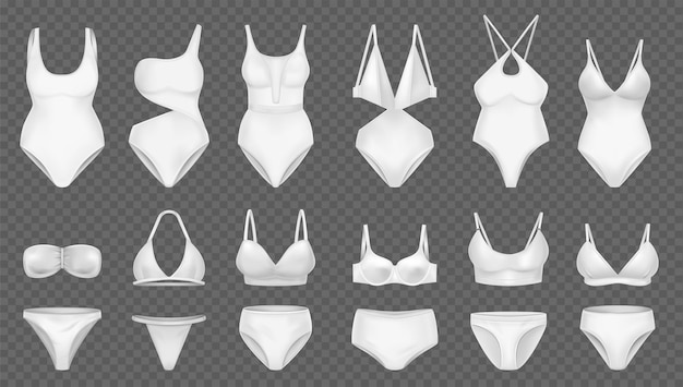 Vettore gratuito costume da bagno femminile realistico con icone isolate di reggiseno in tessuto bianco e pantaloni su sfondo trasparente illustrazione vettoriale