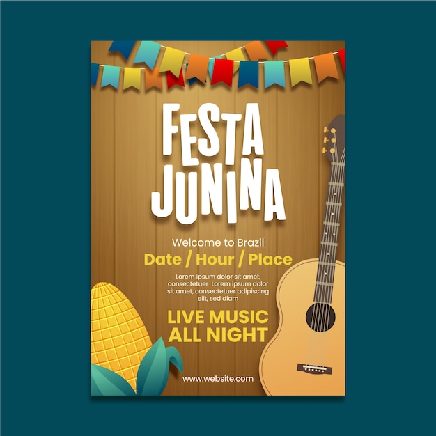 Free vector realistic festa junina poster with guitar