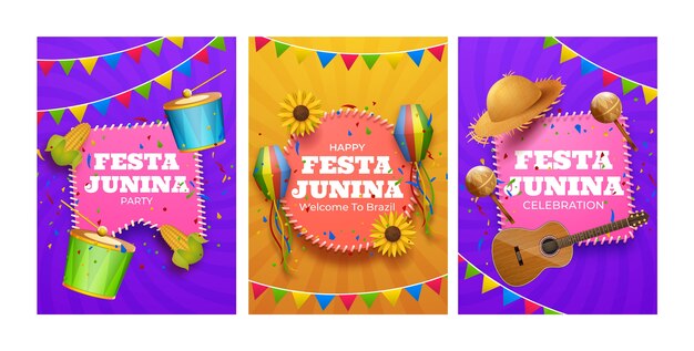 Realistic festas juninas greeting cards collection