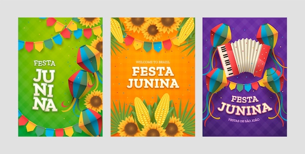 Free vector realistic festas juninas greeting cards collection