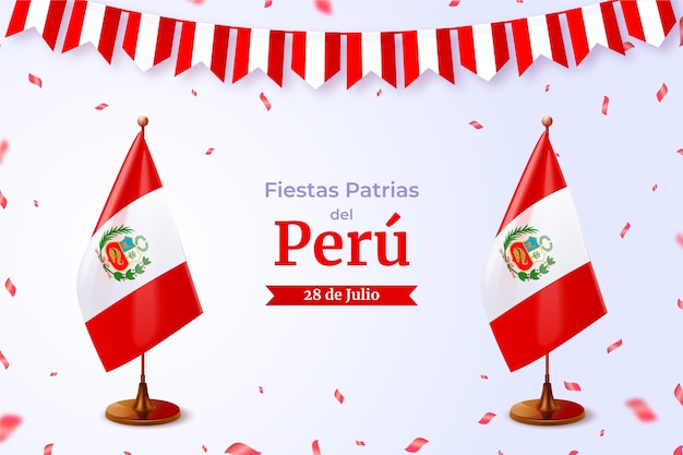 Realistic fiestas patrias illustration with flags and confetti