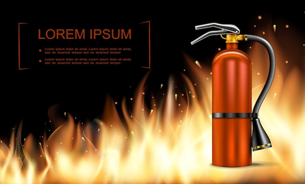 Realistic fire and blaze background with fire extinguisher and flaming burning wall illustration