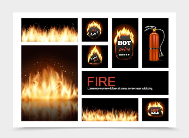 ホット燃えるような販売エンブレム炎の炎と消火器のイラストと現実的な火の構成