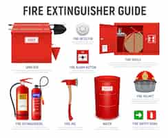Free vector realistic fire extinguisher guide with editable text captions and isolated images of various fire fighting appliances  illustration