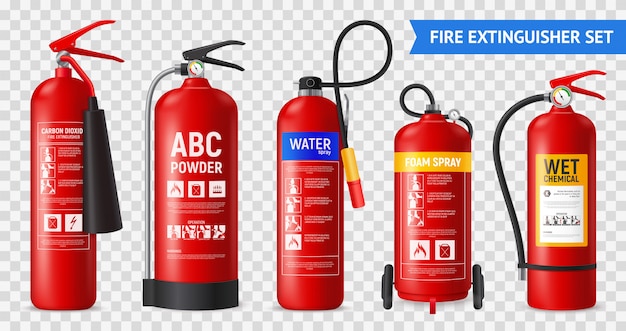 Realistic fire extinguisher set with isolated portable fire-fighting units of different shape on transparent background  illustration