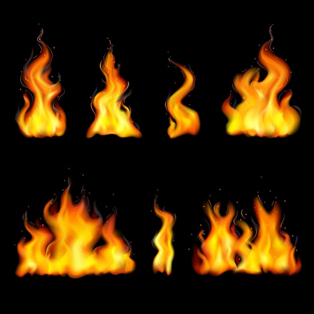 Free vector realistic fire flame set with different shapes isolated and colored on black background vector illustration