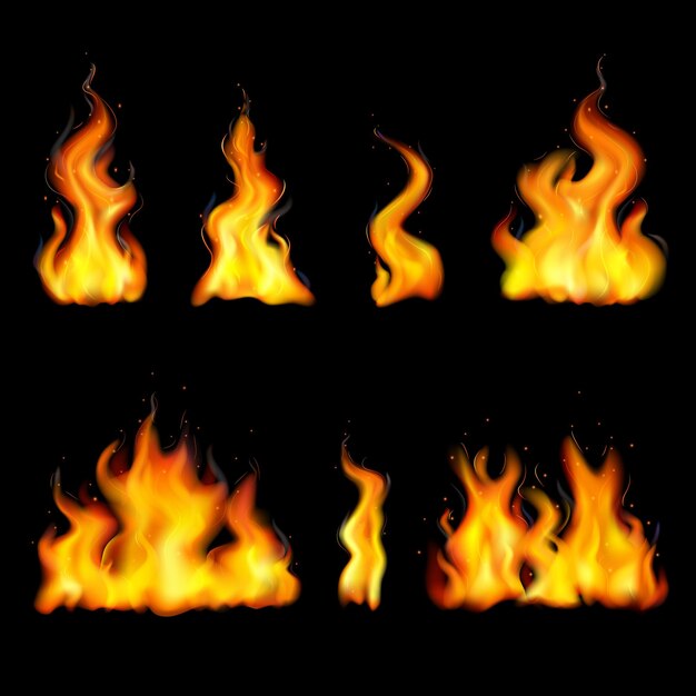 Реалистичный набор пламени огня с различными формами, изолированными и окрашенными на черном фоне векторной иллюстрации