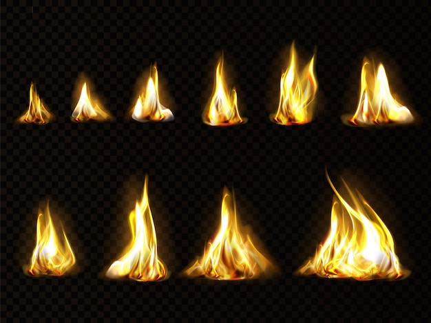 Free vector realistic fire set for animation, flame isolated